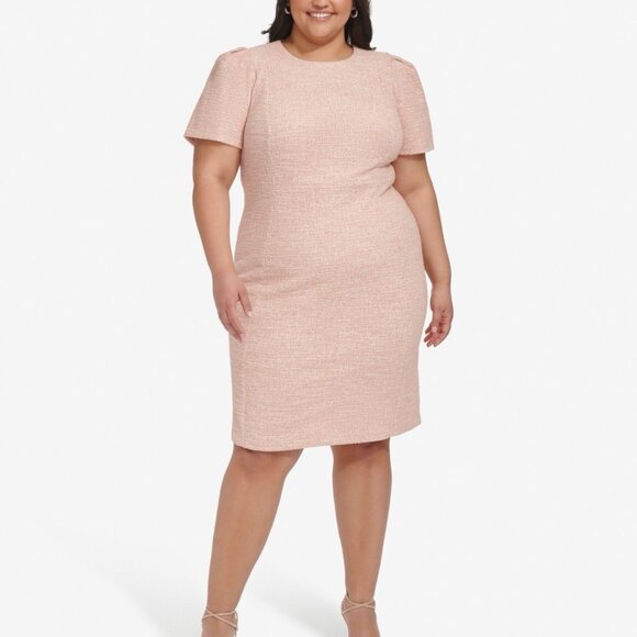 New Calvin Klein Plays Size 20 W Pink Tweed Puff Sleeve Sheath Dress Work Career - Picture 1 of 10
